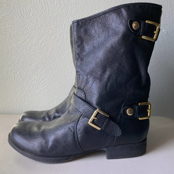 Steve Madden Enngage Black Leather Mid Calf Boots Moto Style Gold Women's Size 8 - Picture 5 of 16